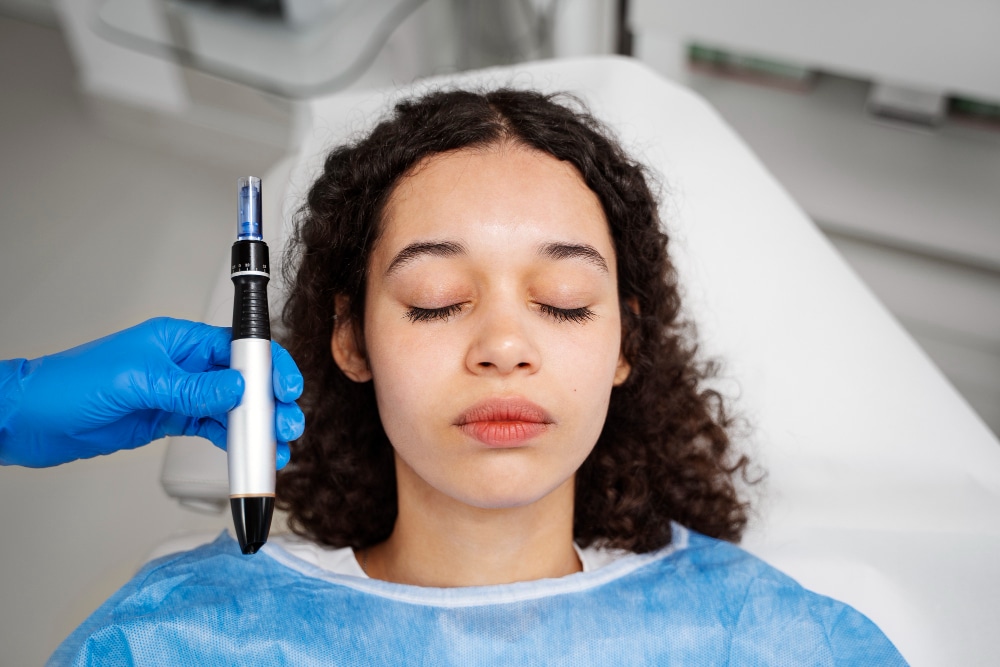 Microneedling treatment on face to boost collagen and improve skin texture