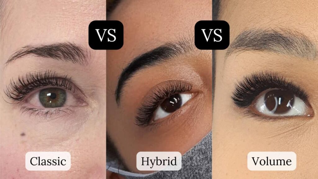 Classic, volume, and hybrid lash extensions shown side by side