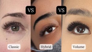 Classic, volume, and hybrid lash extensions shown side by side