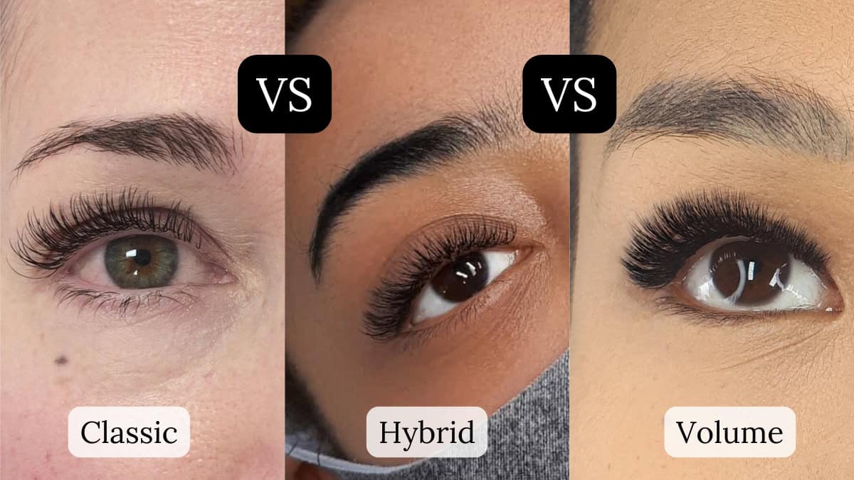 Classic, volume, and hybrid lash extensions shown side by side